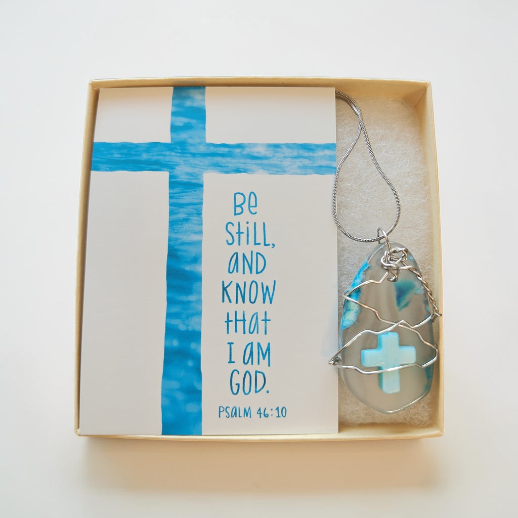Handcrafted Clear Stone & Turquoise Cross Wire-Wrapped Necklace Gift Set