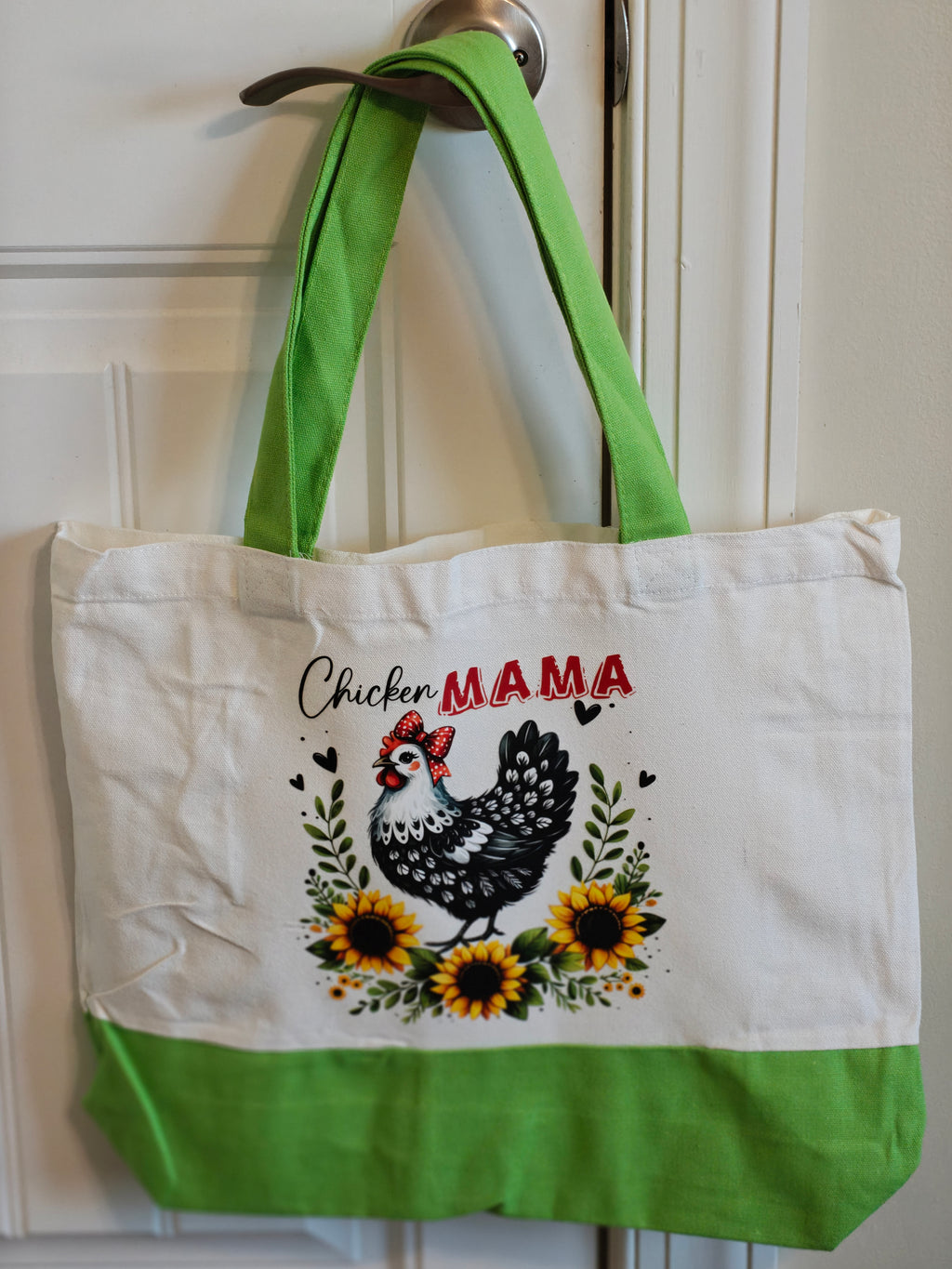 Chicken Mama" Oversized Market Tote – Bright Green & Beige Canvas