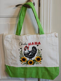 Chicken Mama" Oversized Market Tote – Bright Green & Beige Canvas