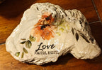 Love, Faith, Hope" Peach Floral Shell – Hand-Decorated Off-White Scripture Decor