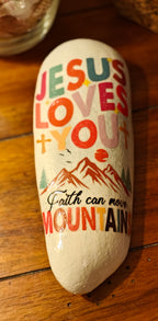 "Faith Can Move Mountains" Large White Garden Stone – Jesus Loves You – Hand-Decorated Scripture Rock