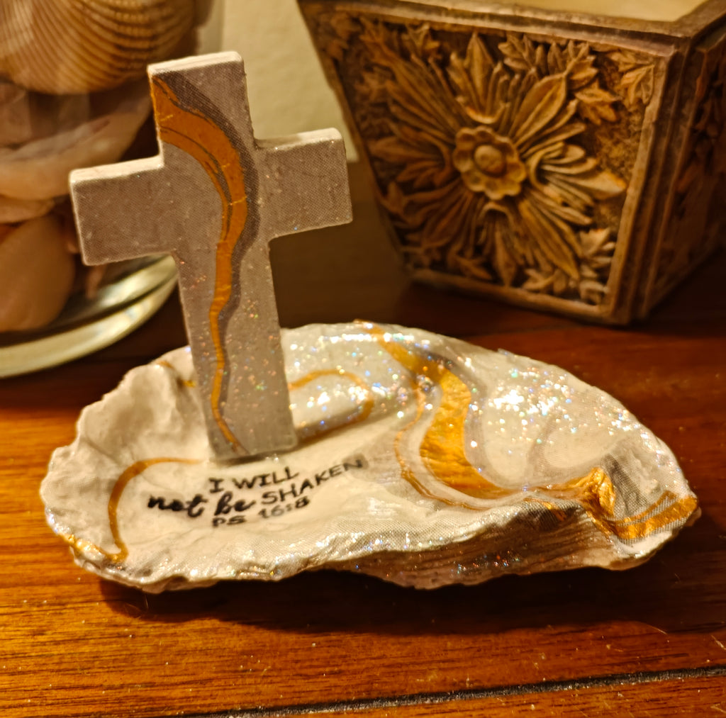 "I will not be shaken" hand-decorated shell with cross