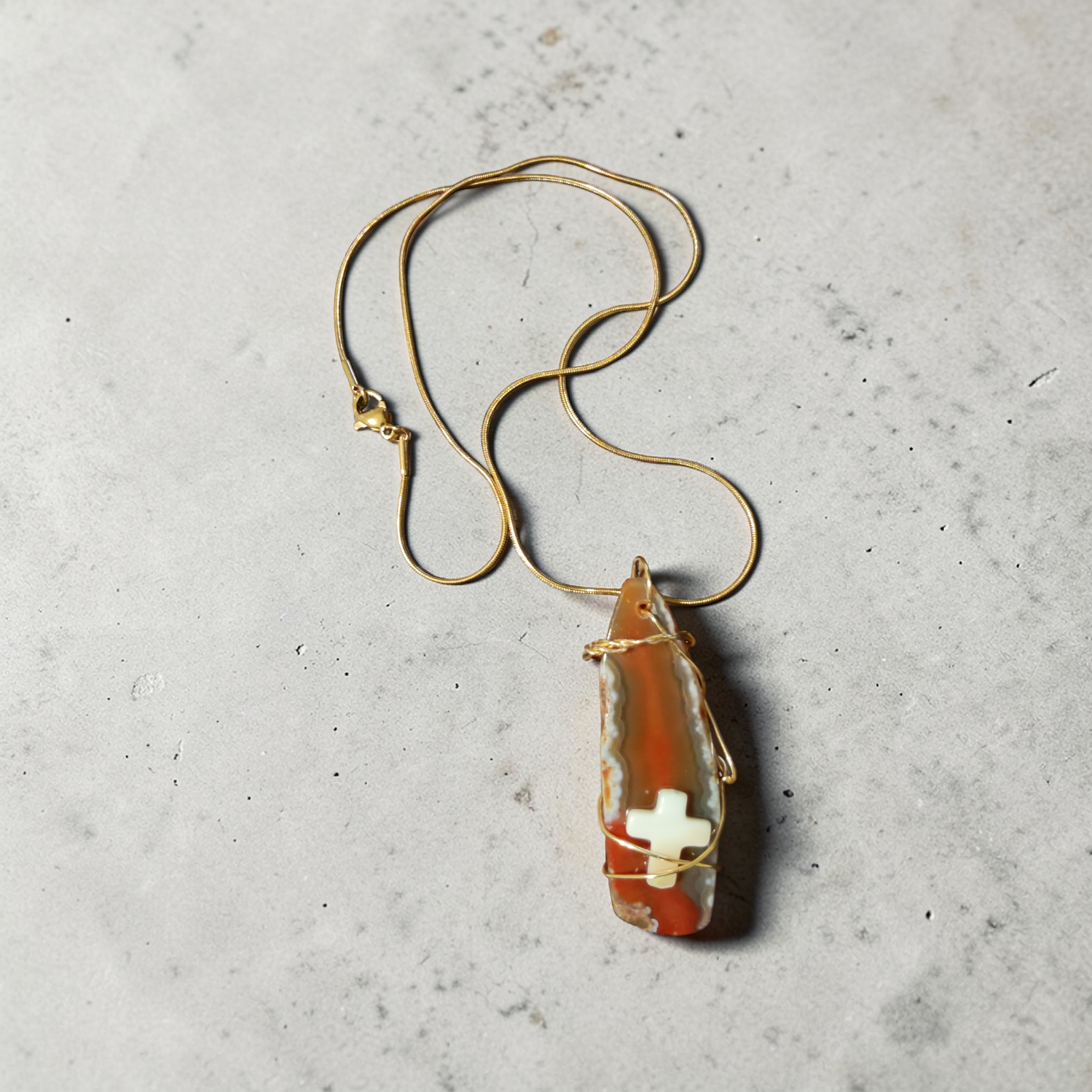"Refiner’s Fire" – Gold-Wrapped Red Natural Stone & Cream Stone Cross