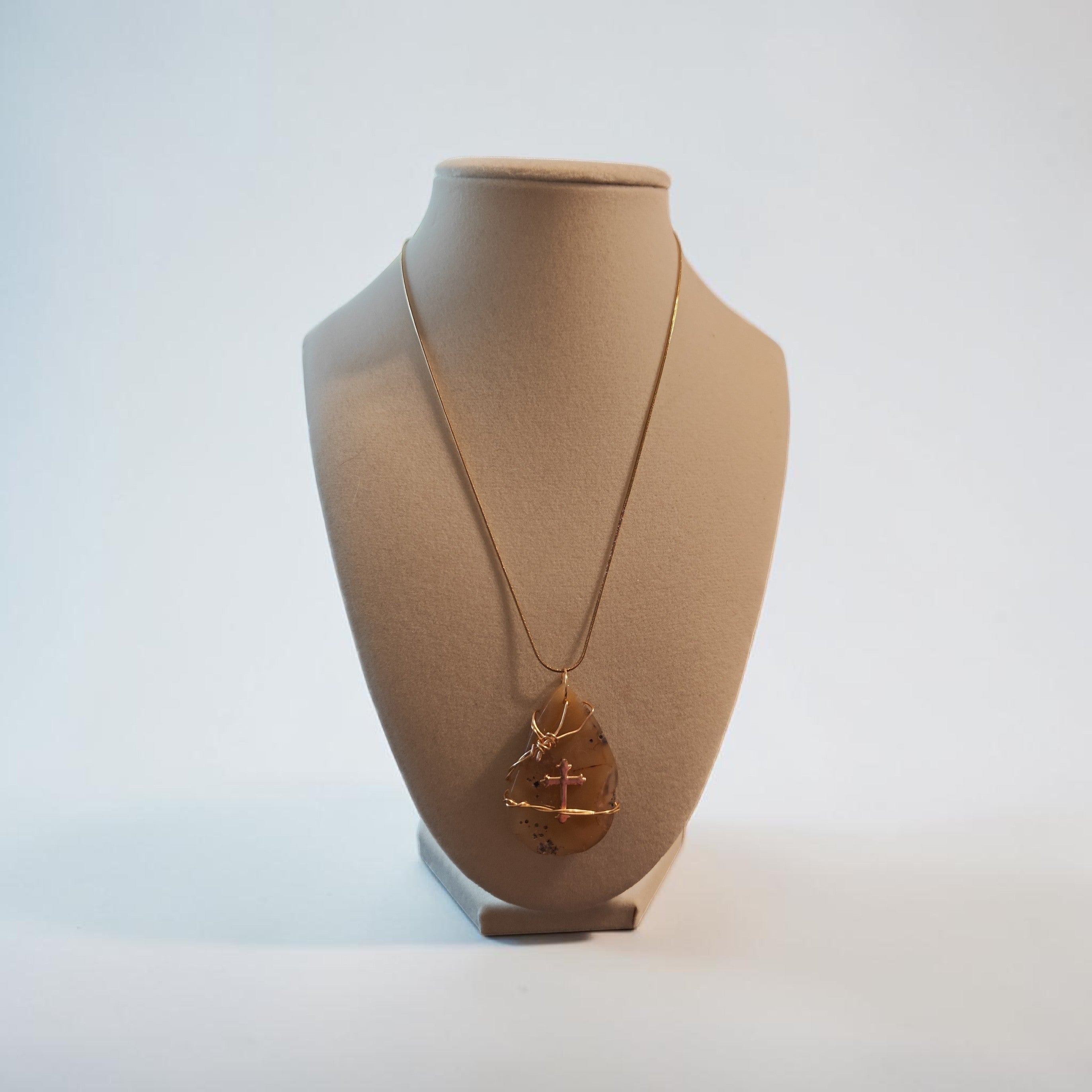 Gold-Plated Wire-Wrapped Honey Stone Cross Necklace – 18" Chain & Prayer Card Gift Set