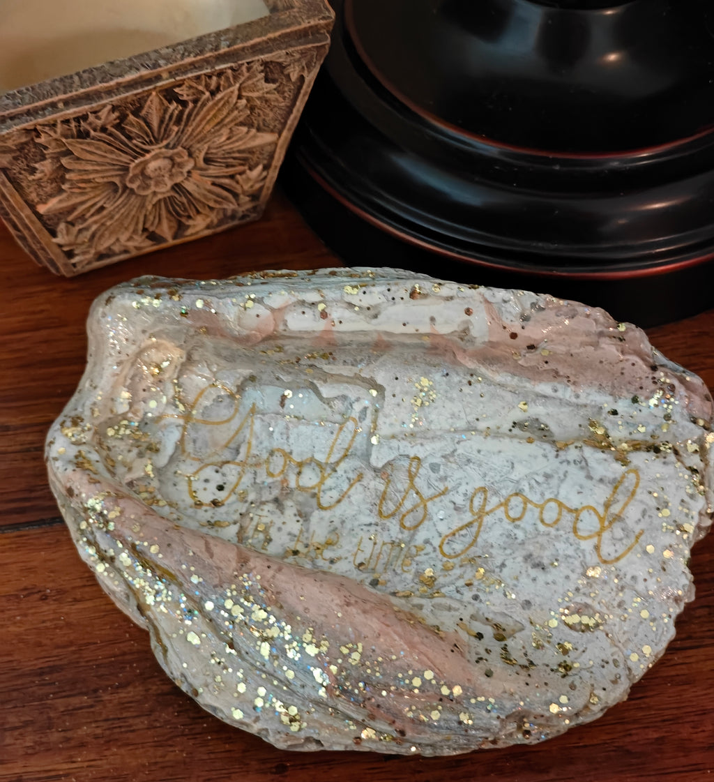God is good pink and gold hand-decorated shell