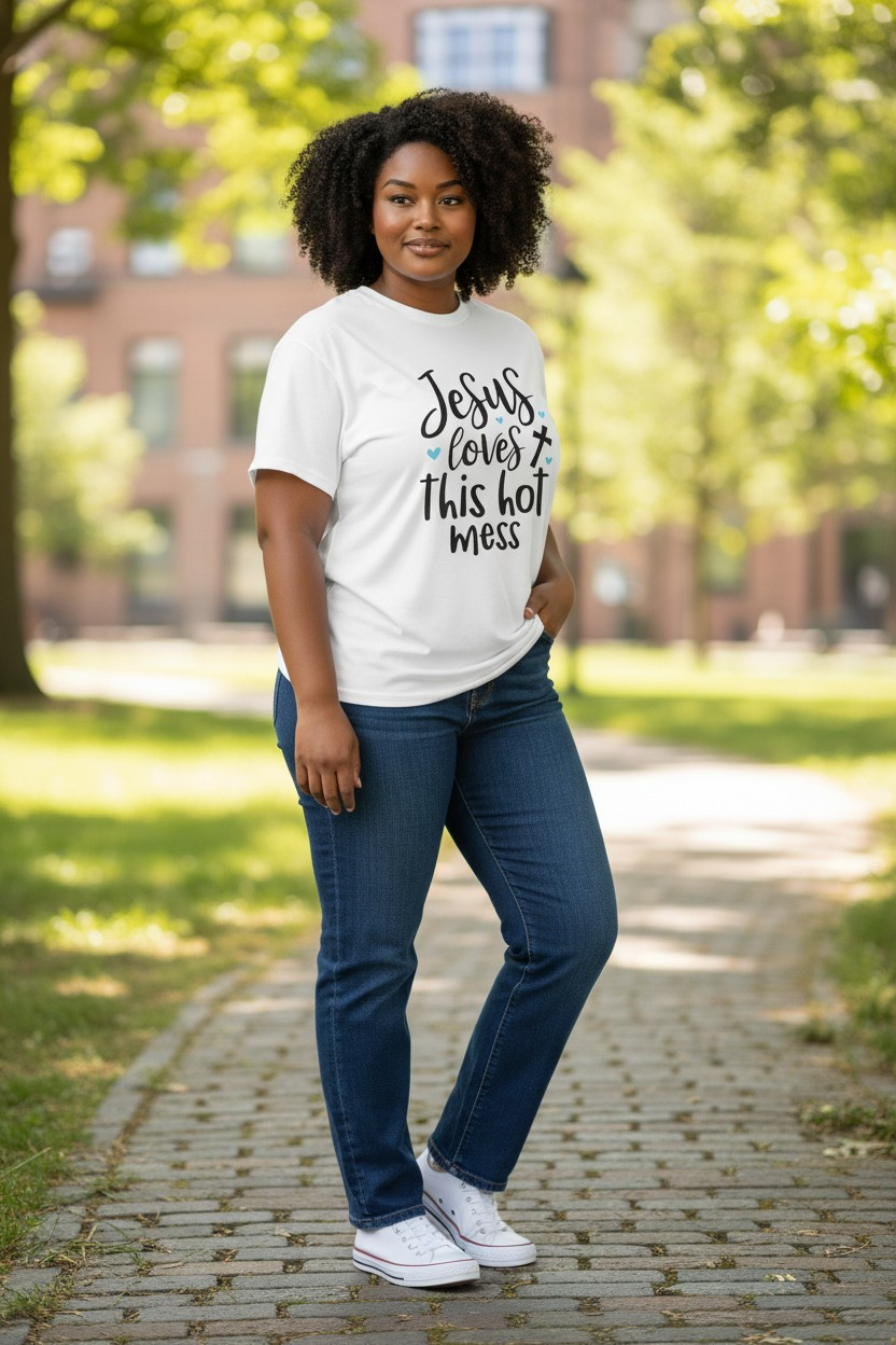 "Jesus Loves This Hot Mess" Women’s White Cotton Tee – 100% Cotton – Size XL
