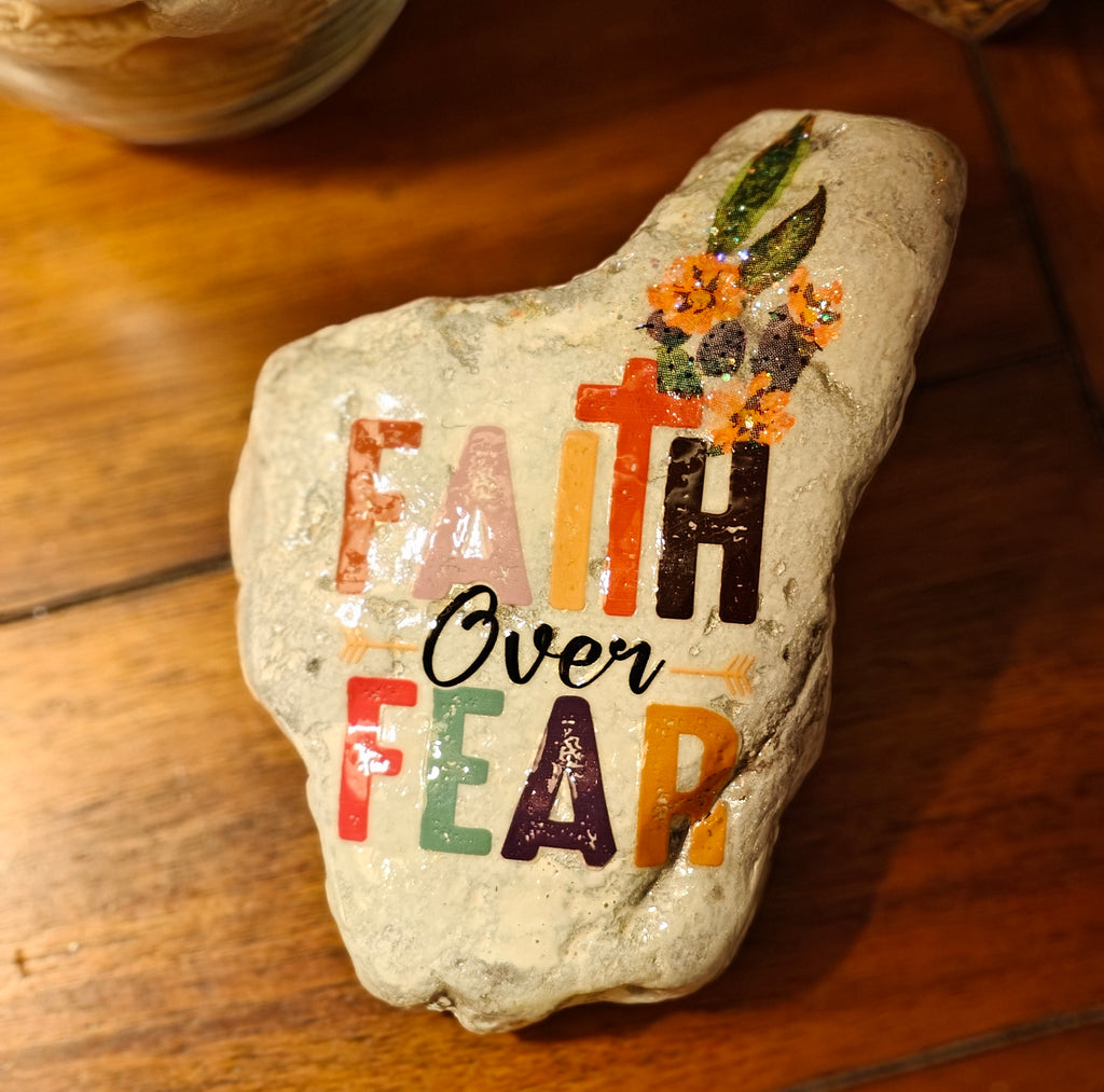 Faith Over Fear" Rustic White Stone – Hand-Decorated Cactus Rock – Colorful Scripture Garden & Office Decor
