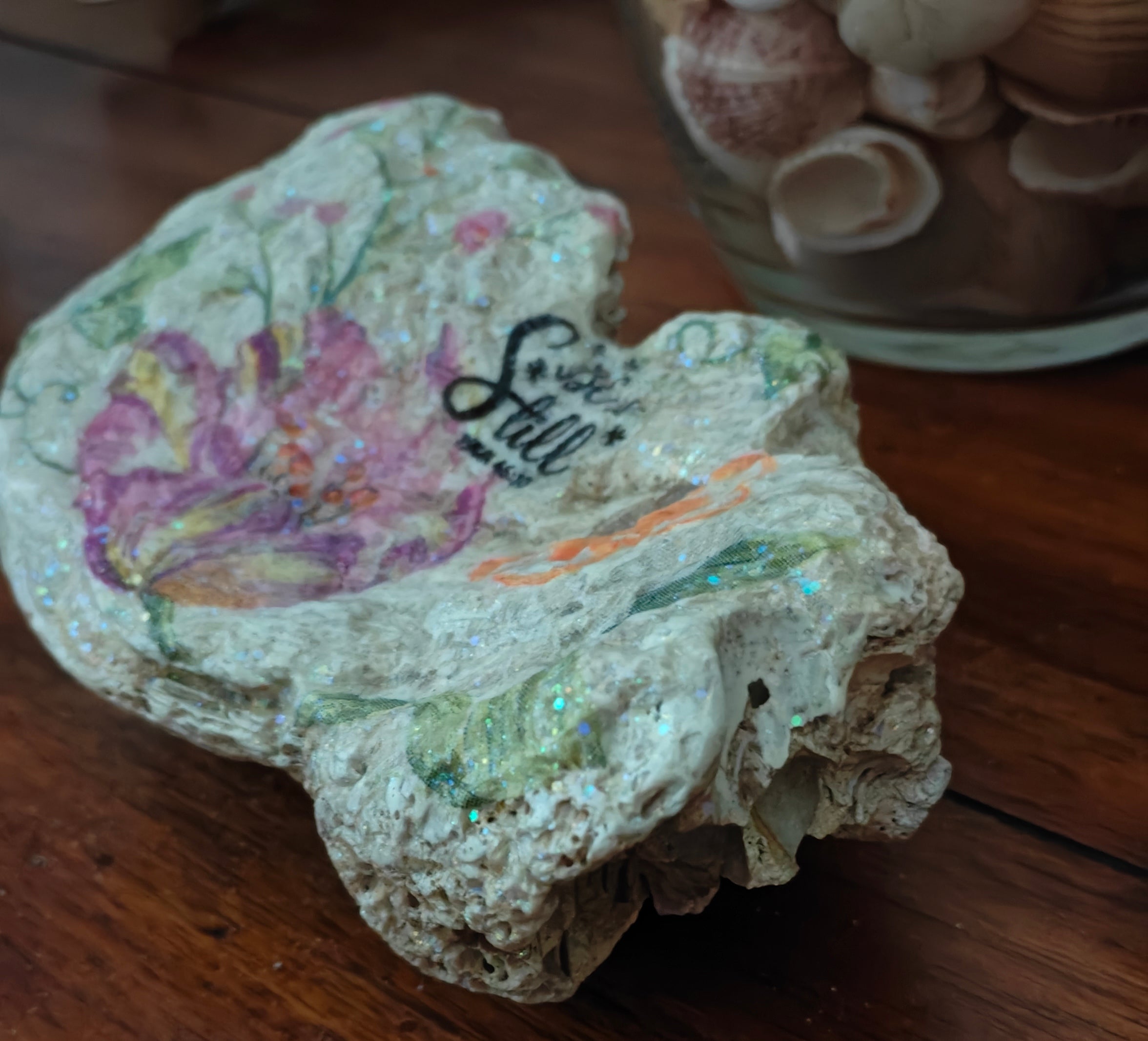 Be Still" Hand-Decorated Purple Floral Shell – Orange Butterfly Scripture Gift