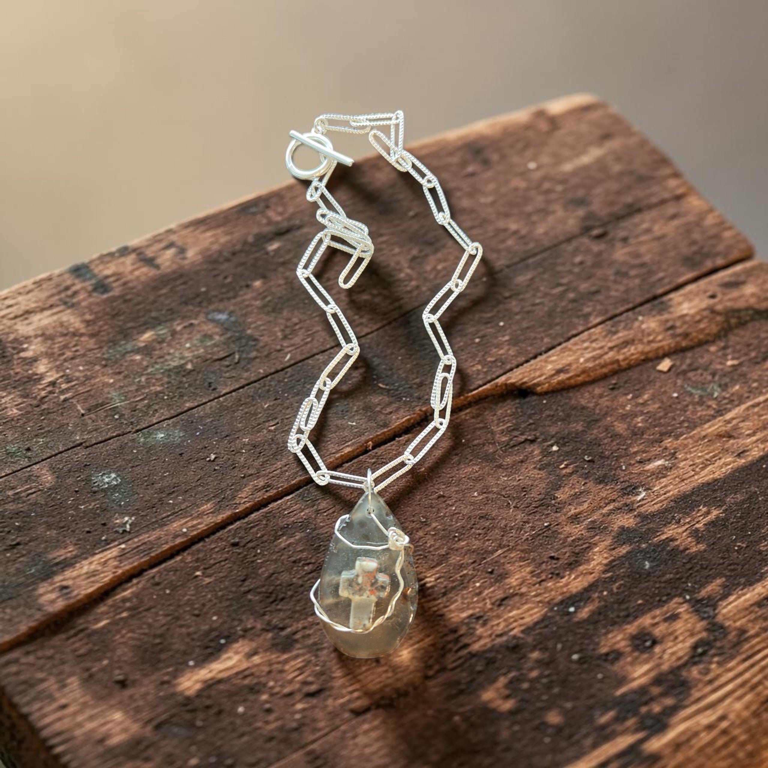 16" Stainless Steel Gray & Clear Natural Stone Necklace with Gray Stone Cross Pendant, Prayer Card & Gift Box