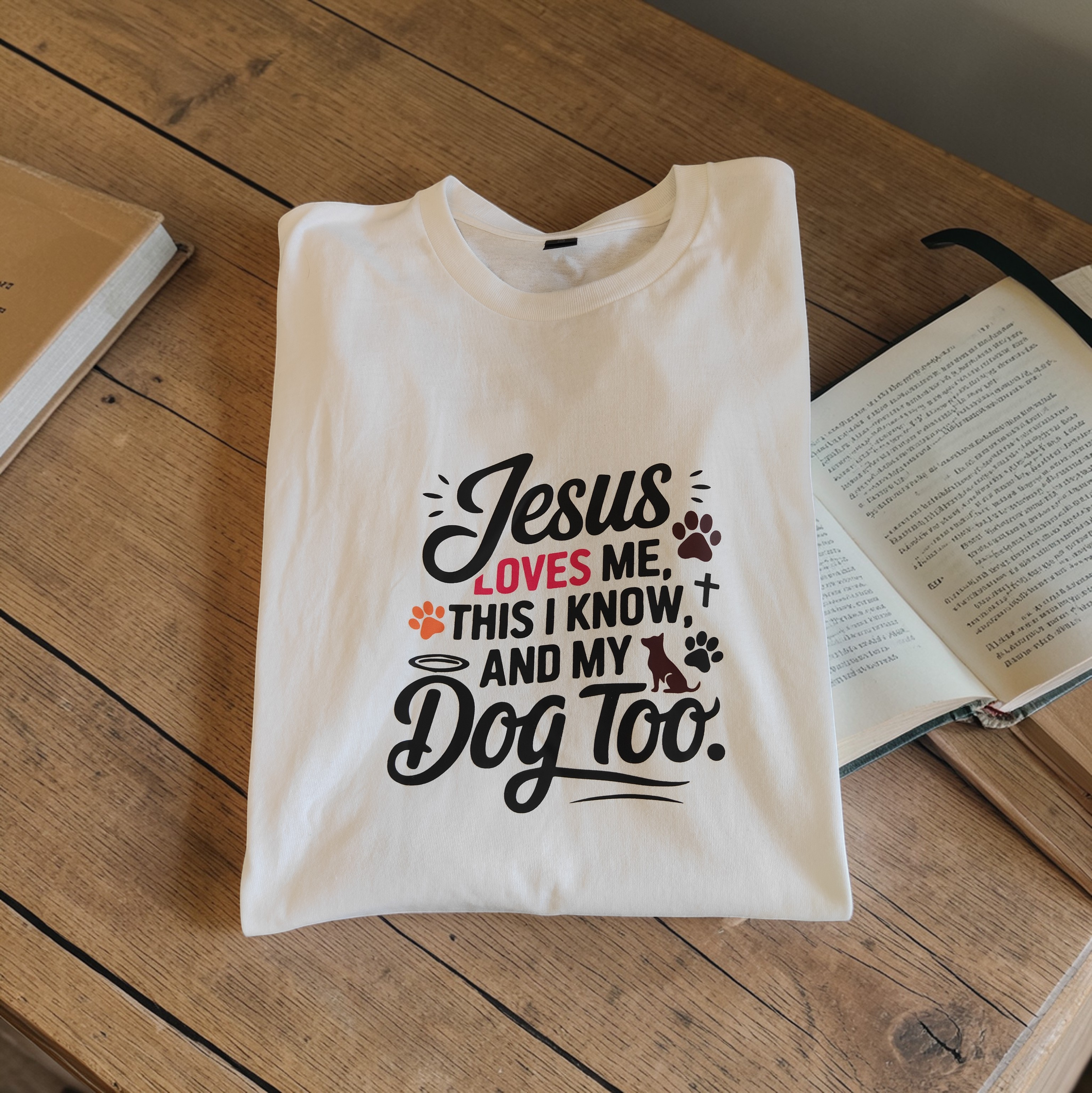 "Jesus Loves Me... and My Dog Too" Women’s White Cotton Tee – Size Large
