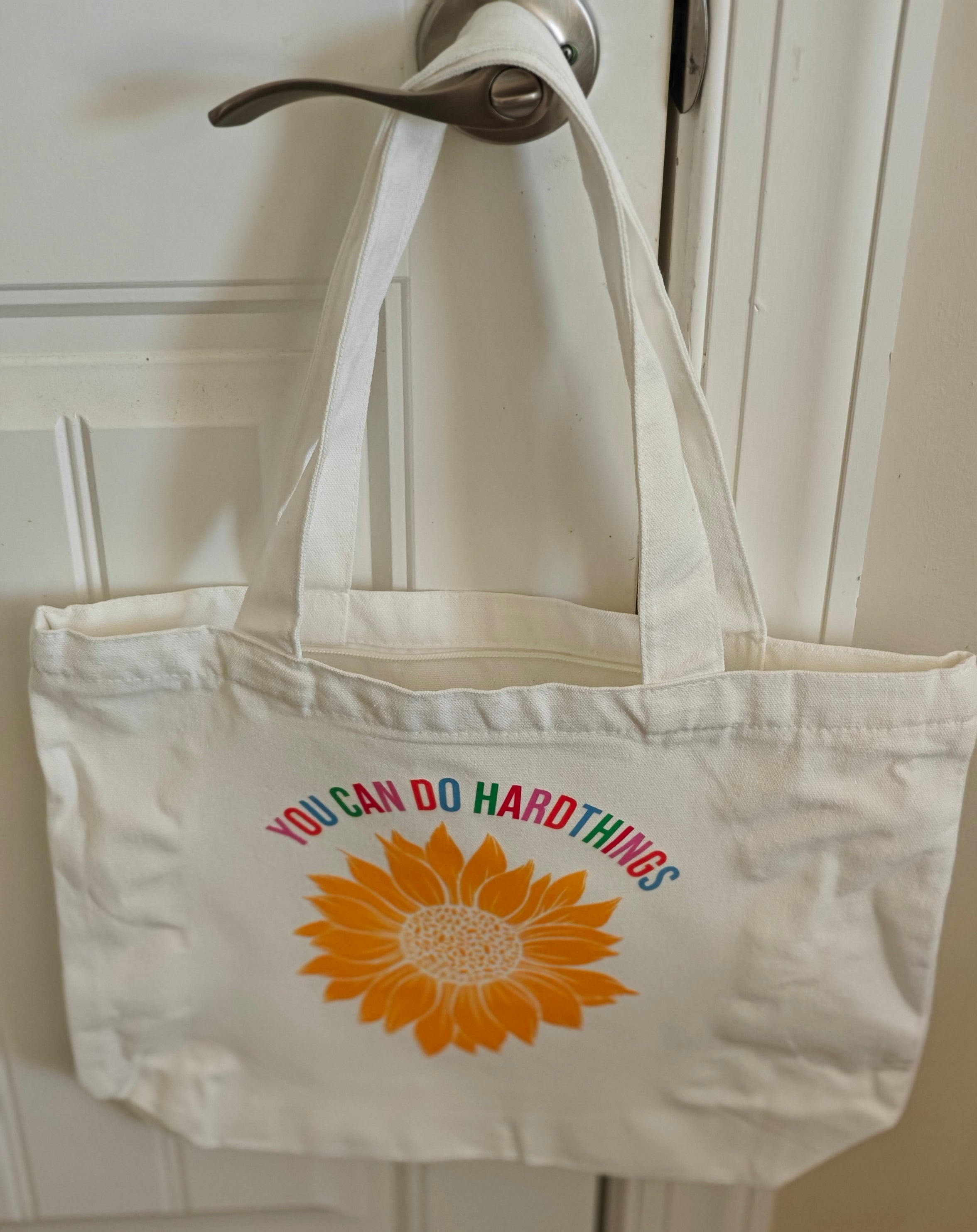 "I Can Do Hard Things" Sunflower Canvas Tote – Off-White Motivational Bag