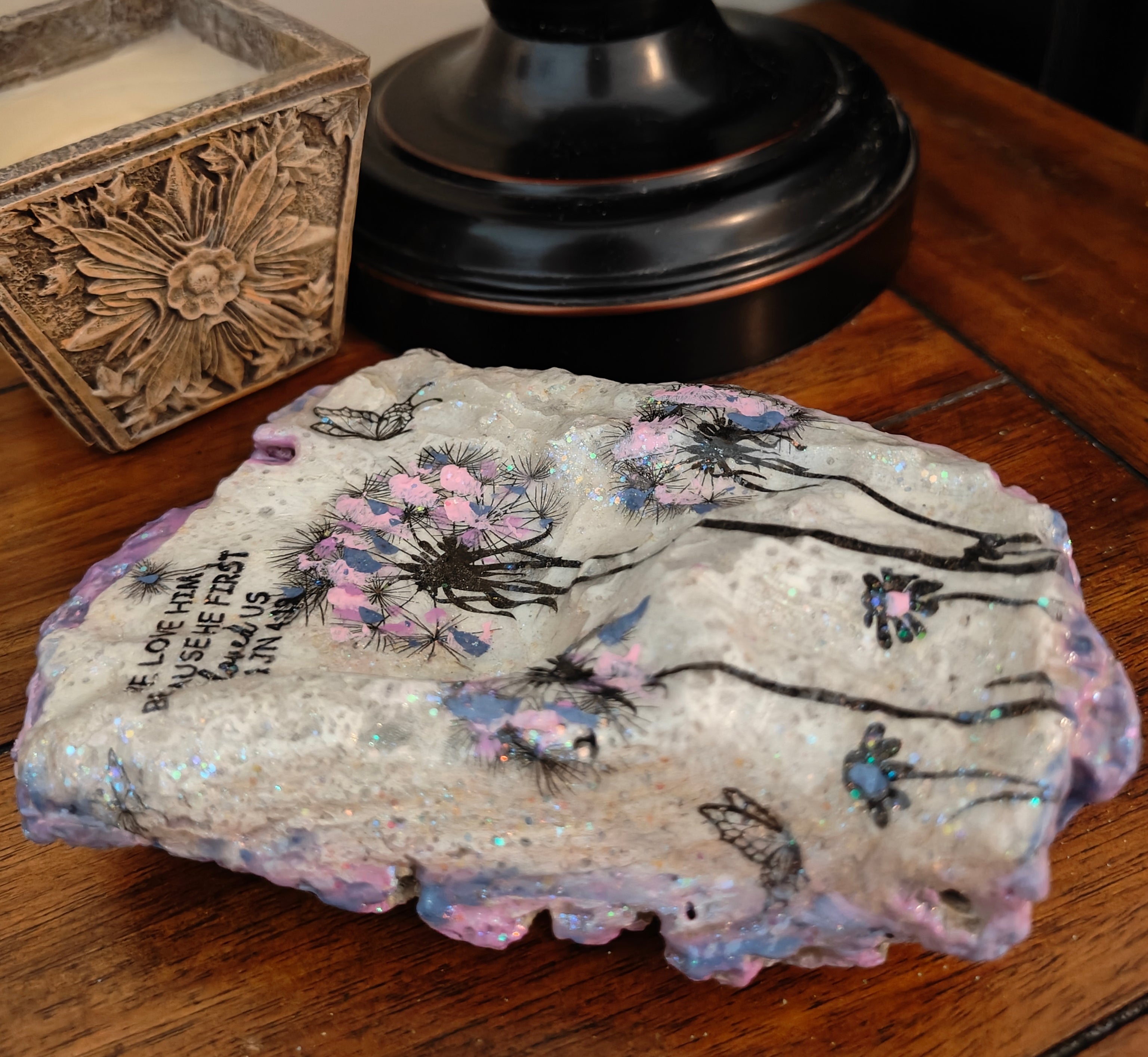 “Dandelion & Butterfly Shell – We Love Because He First Loved Us”