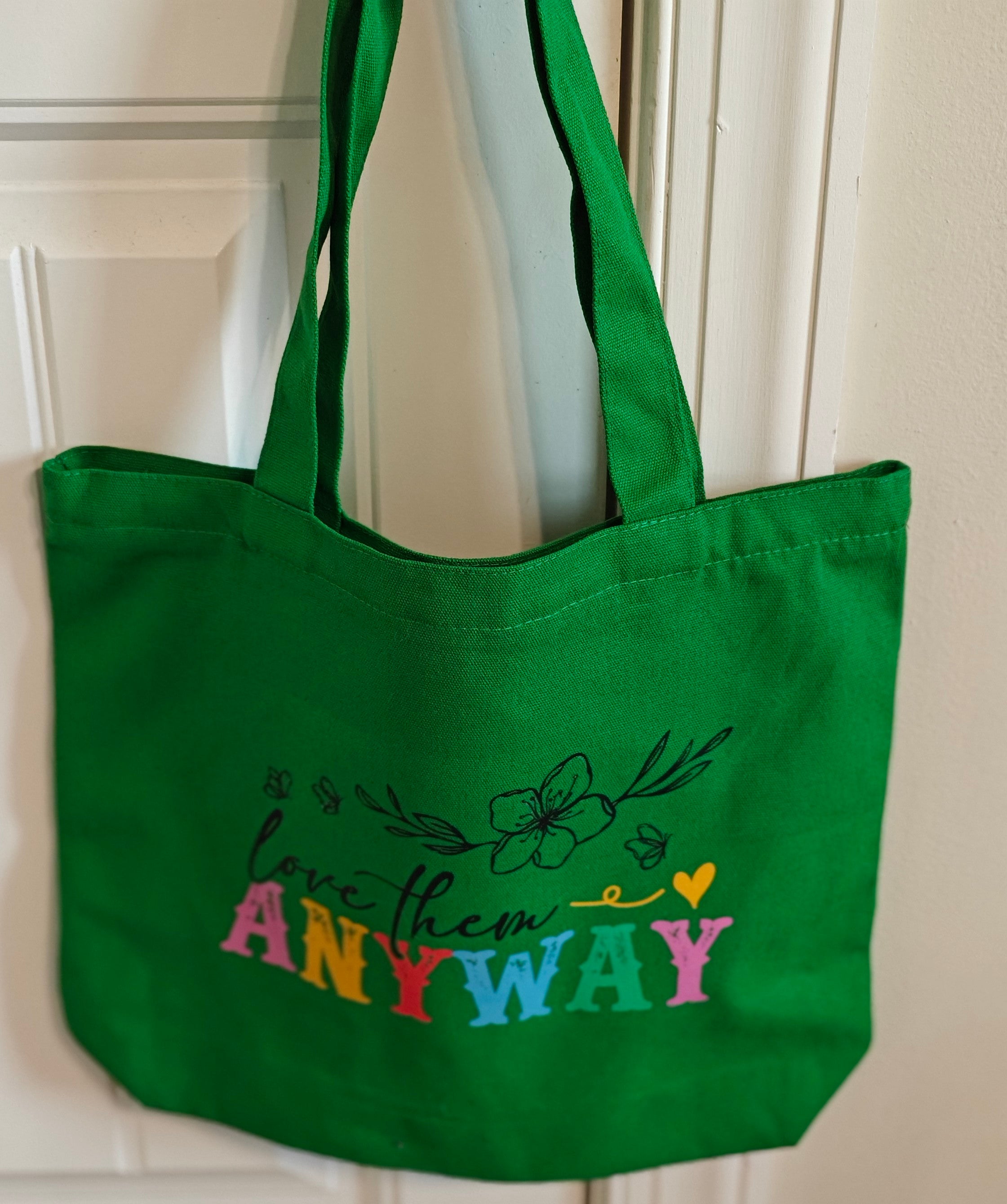Love Them Anyway" Large Green Canvas Tote – Secure Zipper Top