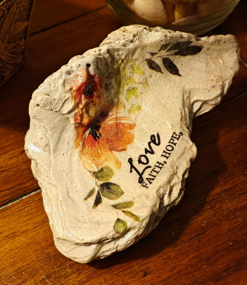 Love, Faith, Hope" Peach Floral Shell – Hand-Decorated Off-White Scripture Decor