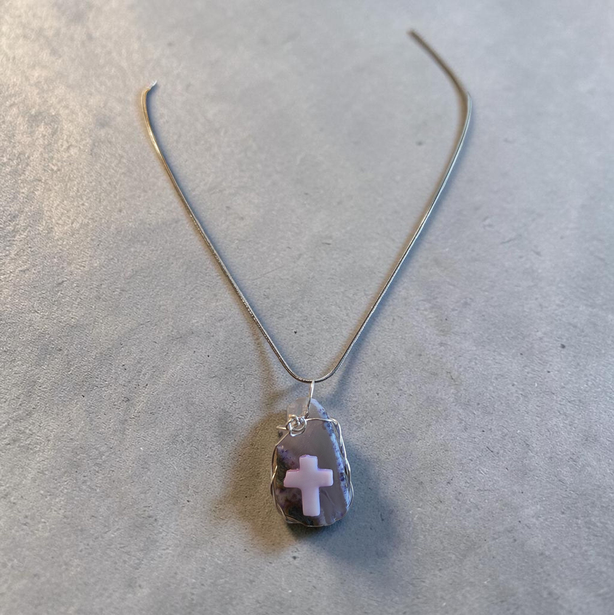 Silver Wire Wrapped Lavender Cross Necklace – Natural Purple & Green Tones