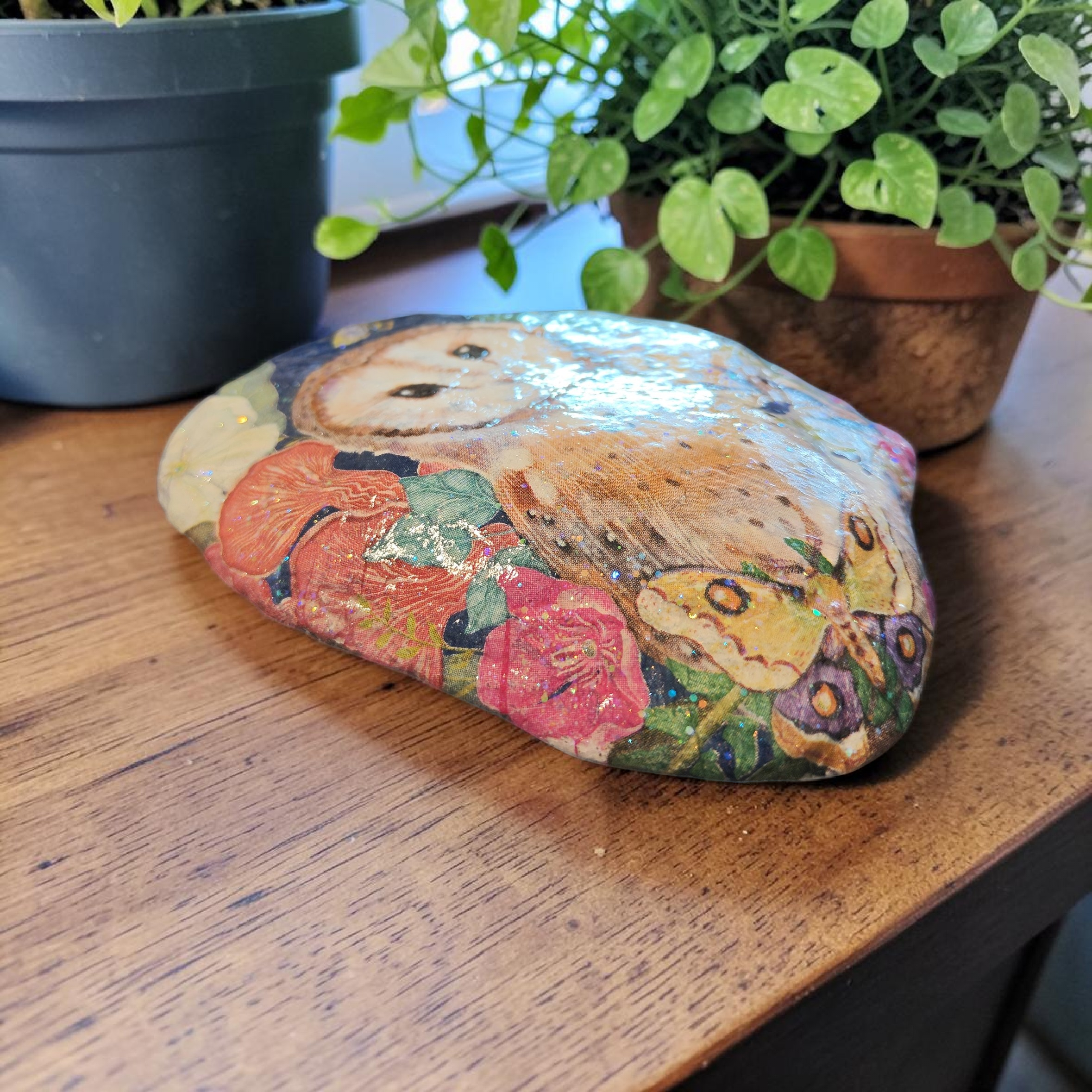"Cast Your Cares" Prayer Stone | Owl & Floral Garden Illustration