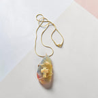 Golden Light Wire-Wrapped Natural Stone Cross Necklace – 18k Gold Plated Chain with Prayer Card