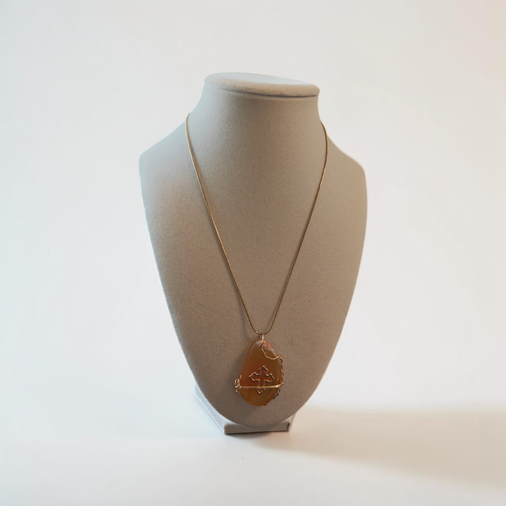 Radiant Faith Wire-Wrapped Stone Necklace – Sunny Yellow & Orange with Gold Cross