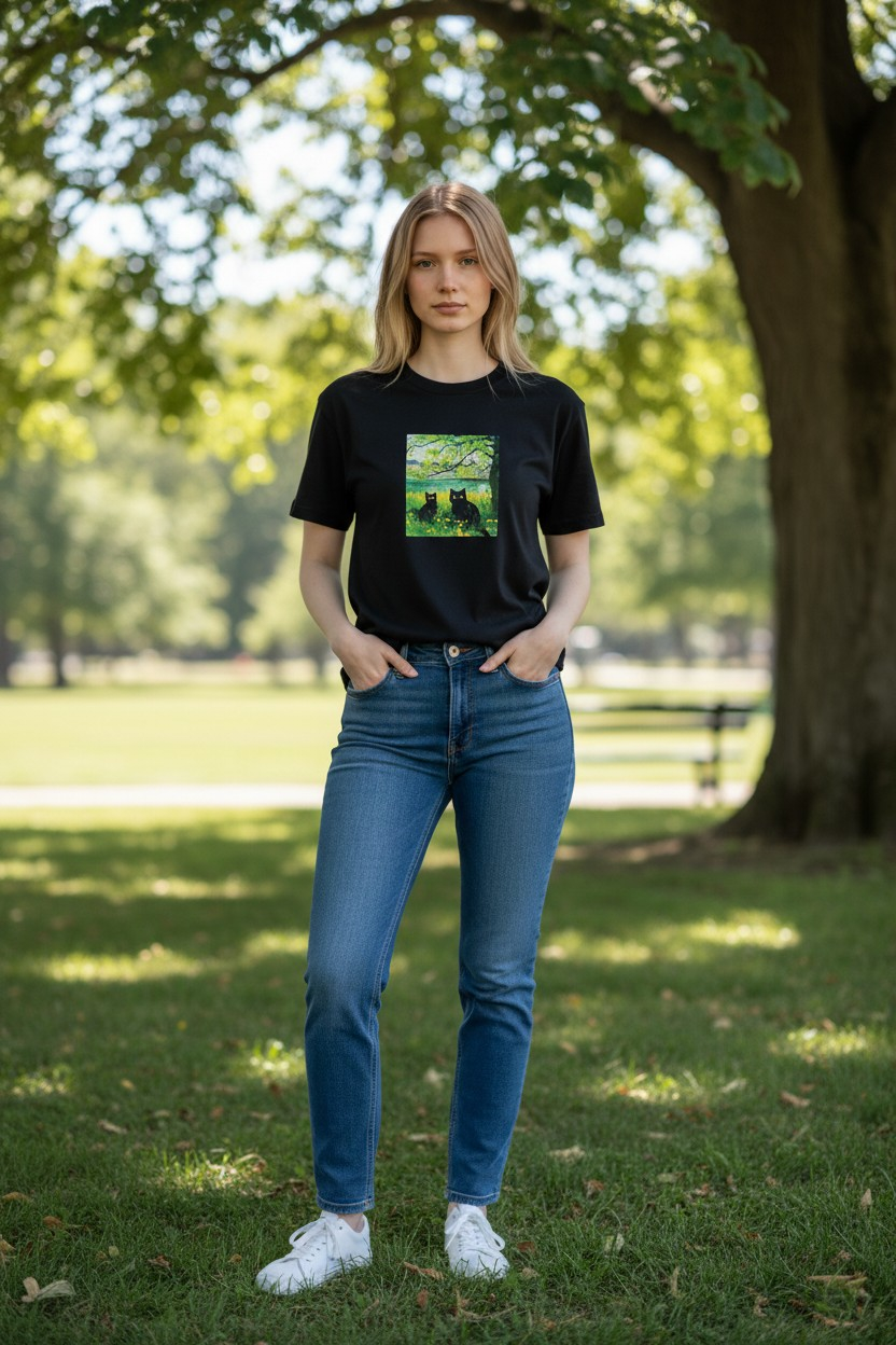 "Quiet Waters" Women’s Black Cotton Tee – Two Black Cats in a Meadow – Size Large