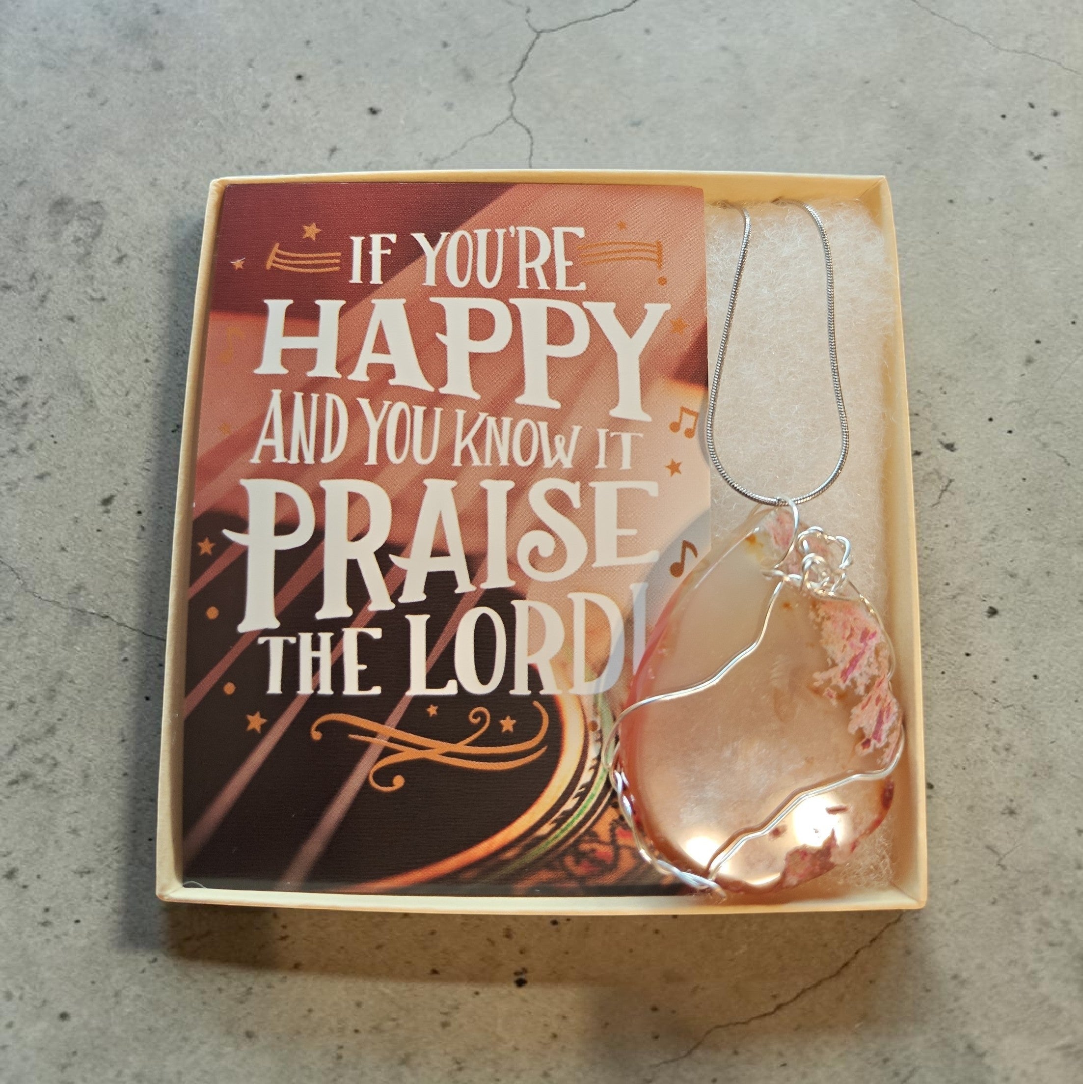 Natural Pink and Orange Stone Pendant, Stainless Steel Wire Wrapped Necklace with 18" Chain, Prayer Card Gift Box