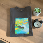 "Swimming Cat in Lily Pond" Women’s Black Cotton Tee – Size Large – Artistic Graphic