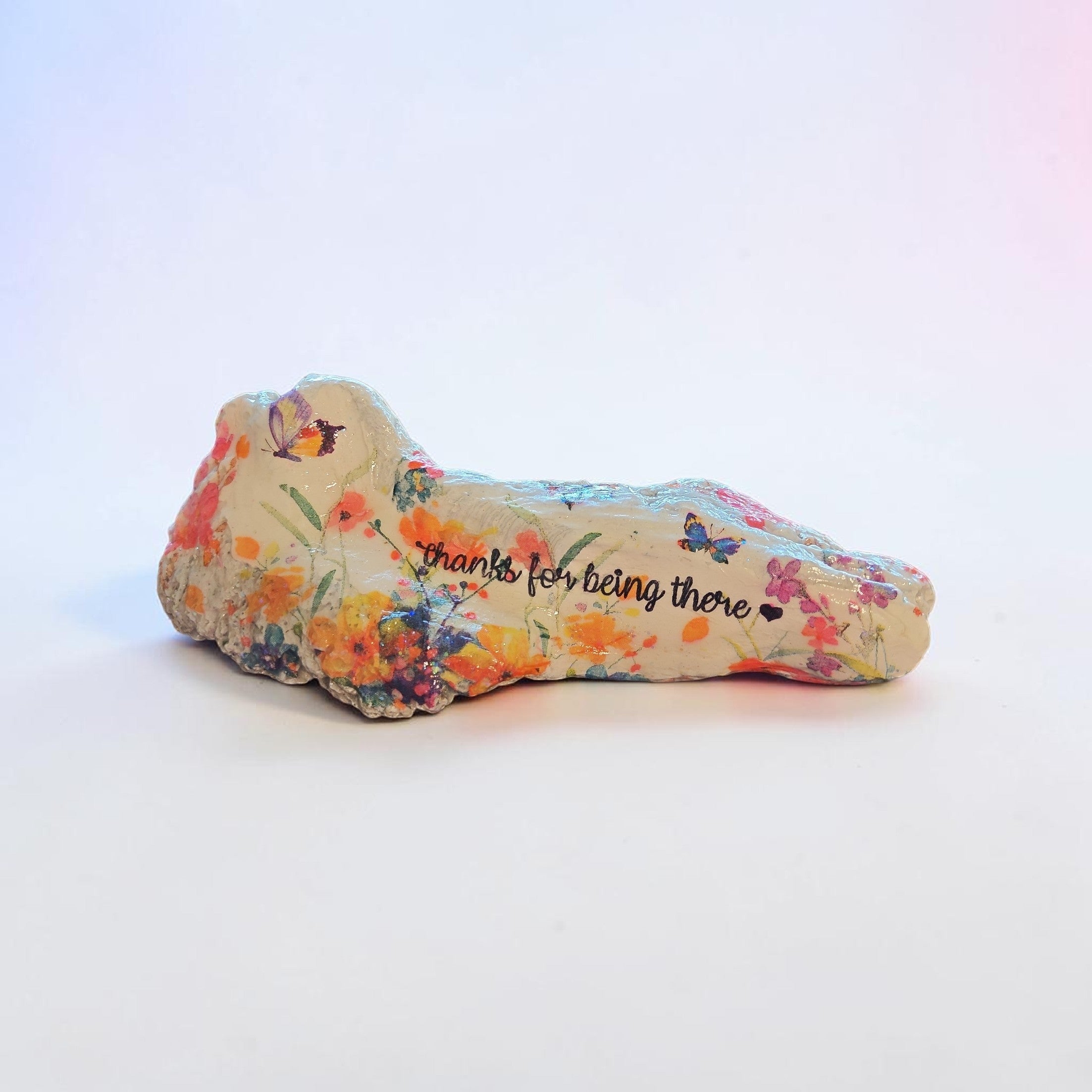 "Thanks For Being There" Spring Flowers and Butterflies Handcrafted Medium Coral Shell