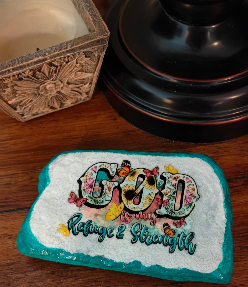 God is my refuge hand-decorated rock