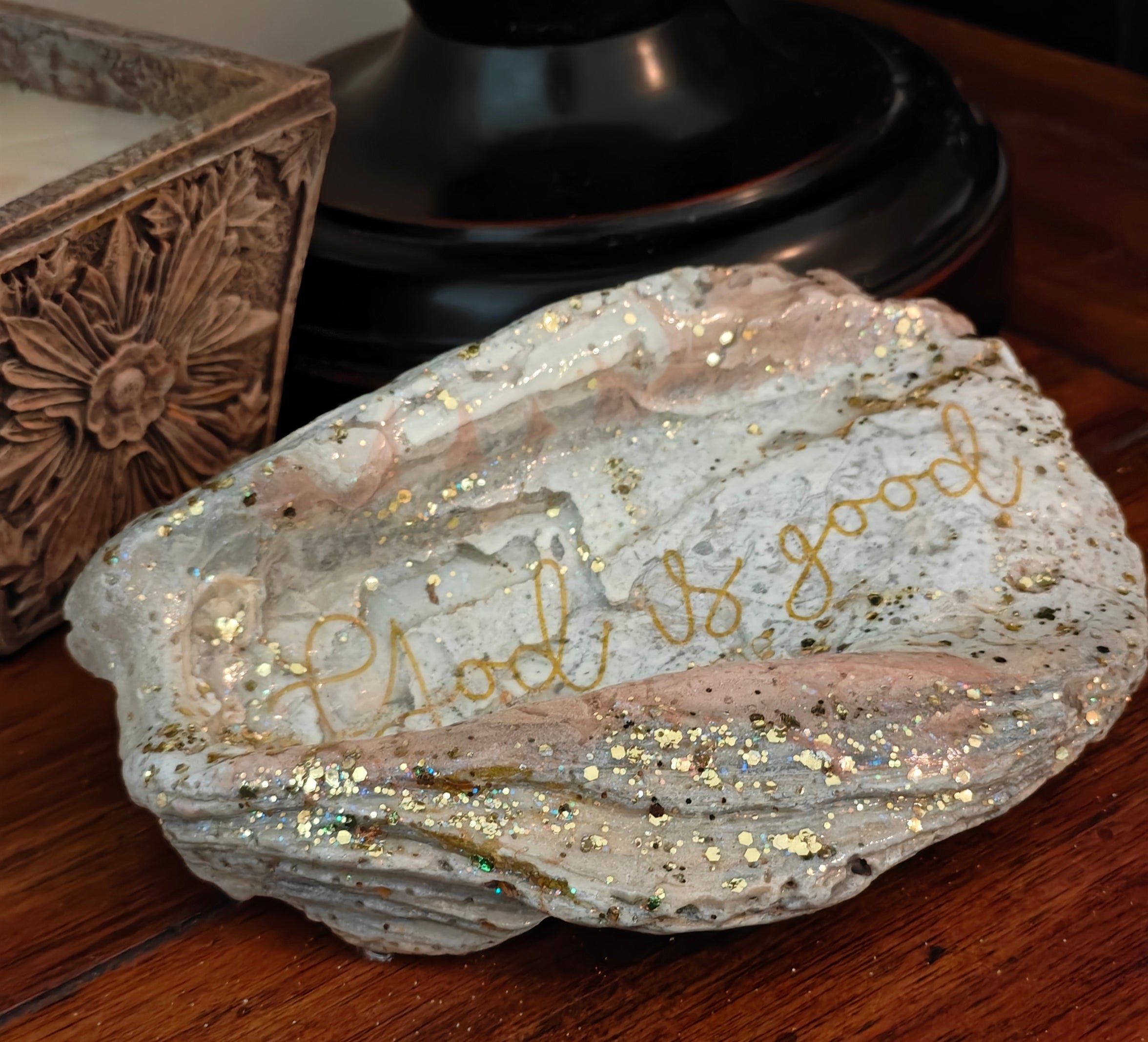 God is good pink and gold hand-decorated shell