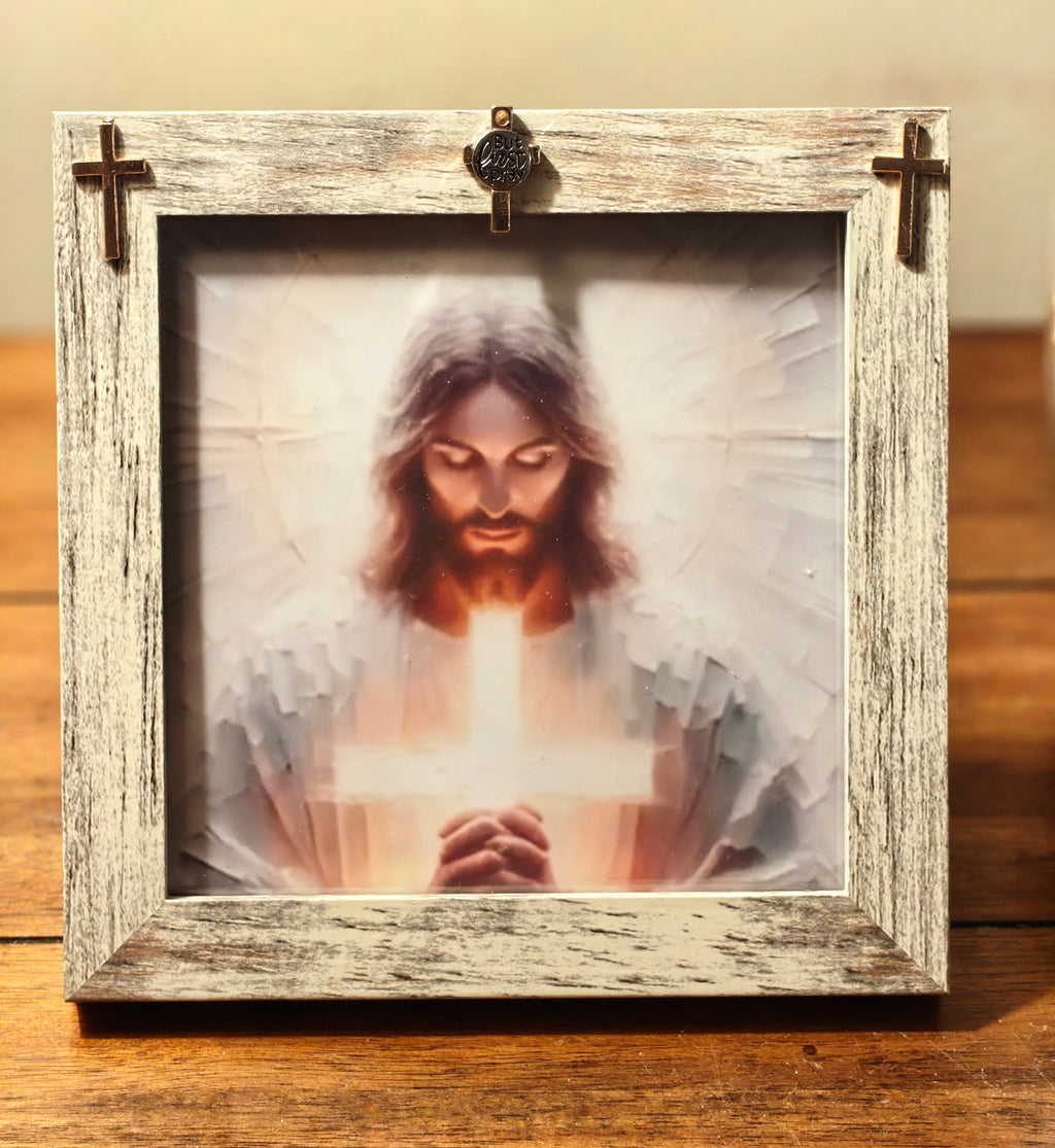 But Pray First" 5x5 Rustic Frame – Pastel Jesus with Gold Crosses