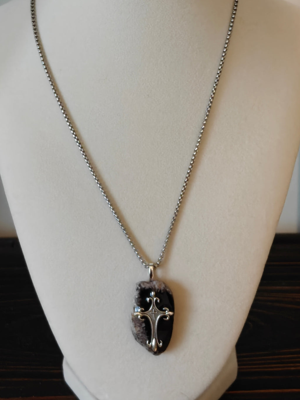 The "Stronghold" Cross Necklace – Natural Black & Cream Stone