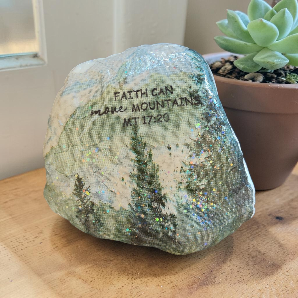 Faith Can Move Mountains" Hand-Decoupaged NC Sea Shell – Mountain Landscape Art