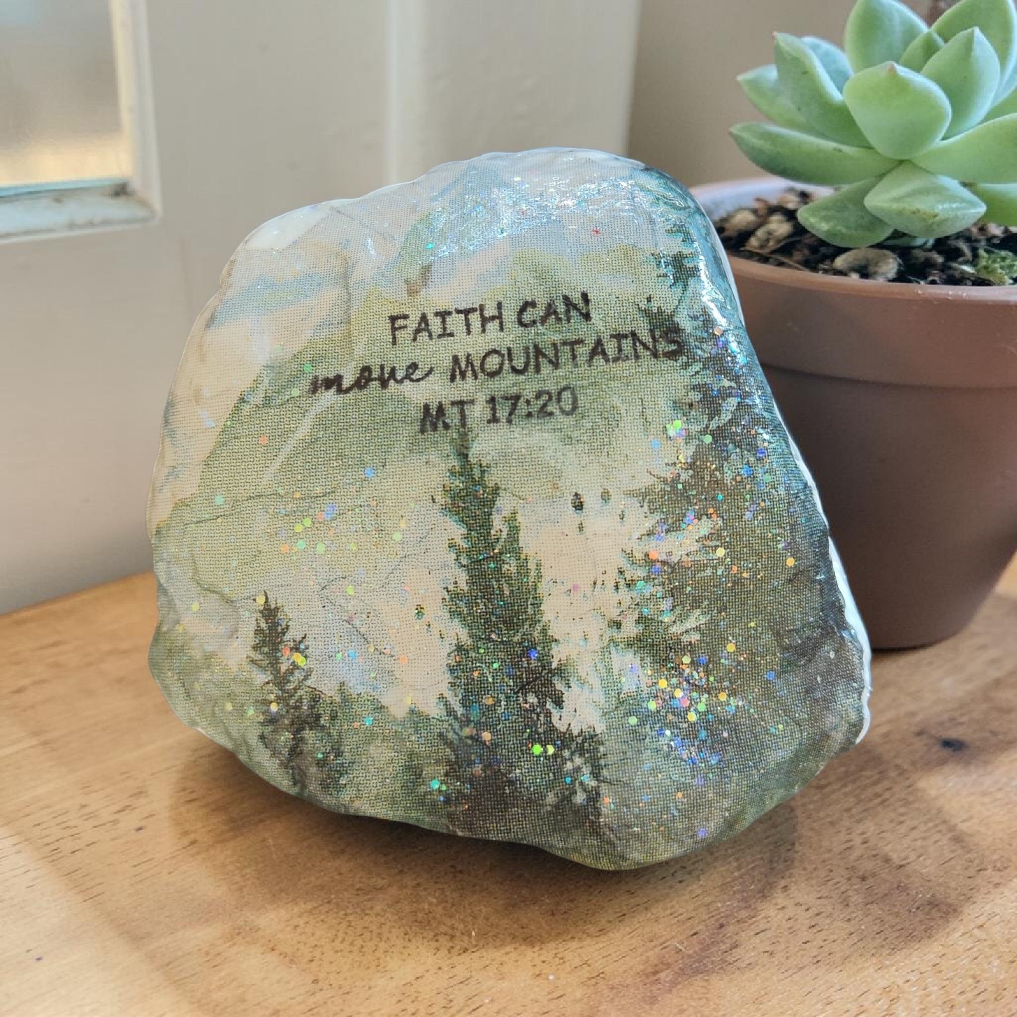 Faith Can Move Mountains" Hand-Decoupaged NC Sea Shell – Mountain Landscape Art