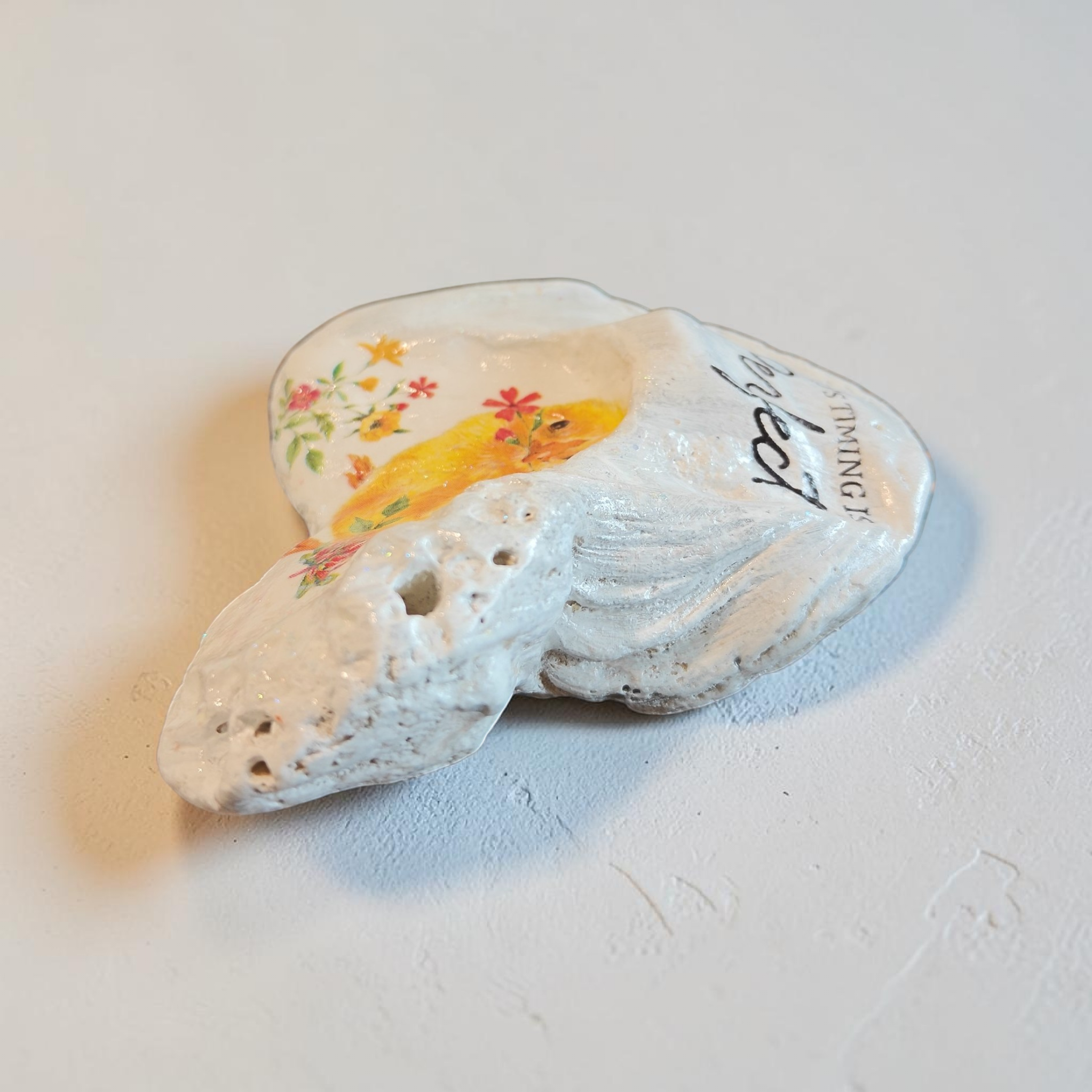 Baby Chick & Wildflower Scripture Shell – Natural Home Decor God's Timing Is Perfect