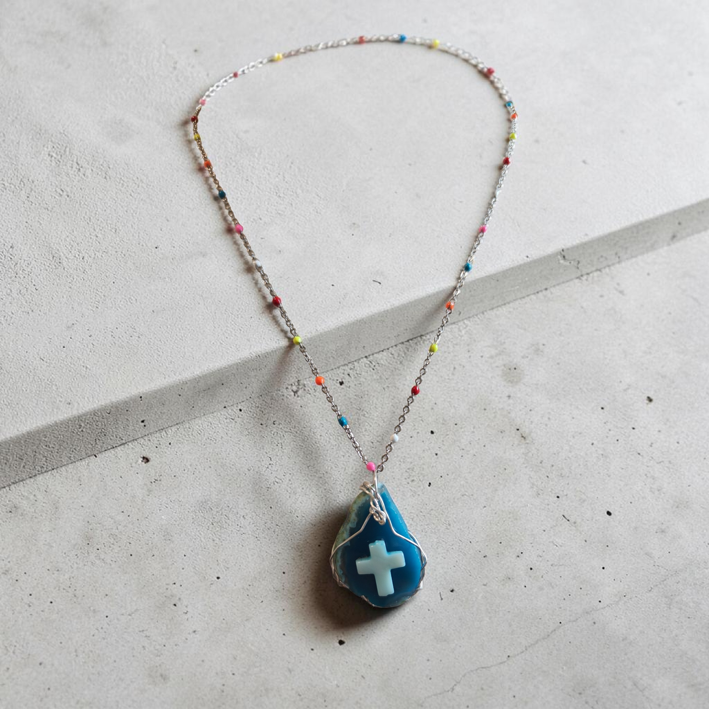 "Streams of Joy" Turquoise Pendant & Multi-Color Beaded Chain