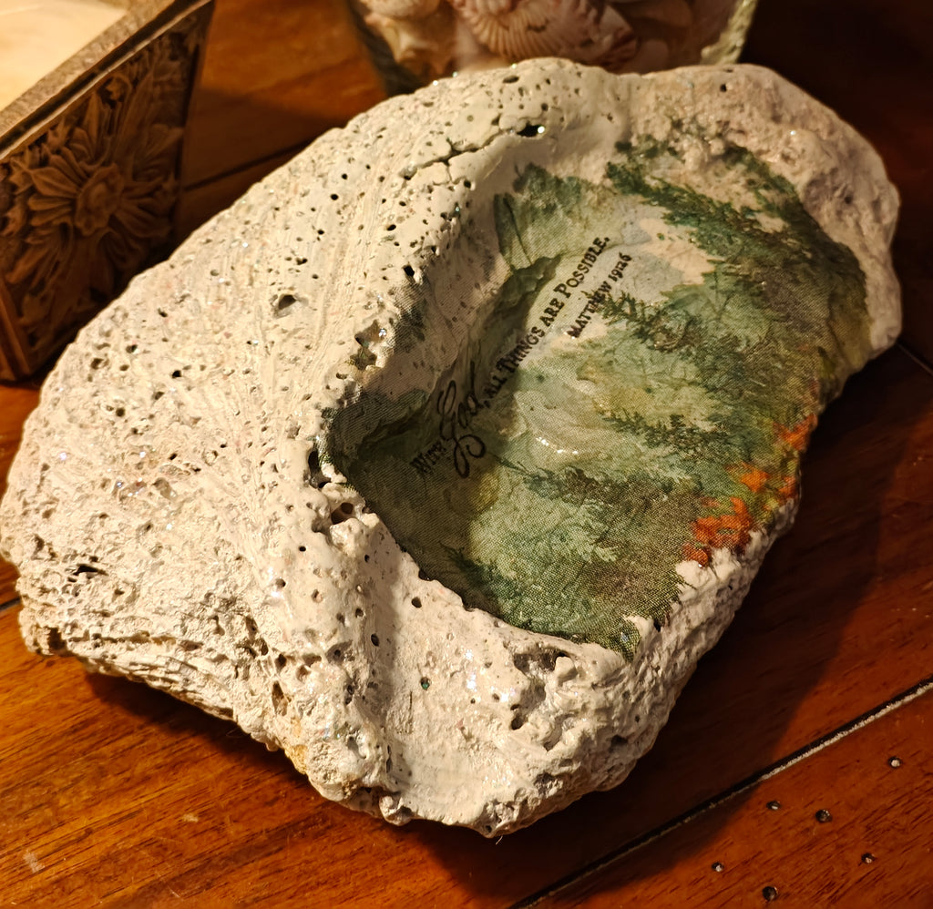 Large "All Things Are Possible" Shell – Hand-Decorated Mountain Forest Scene – Matthew 19:26 Natural Art