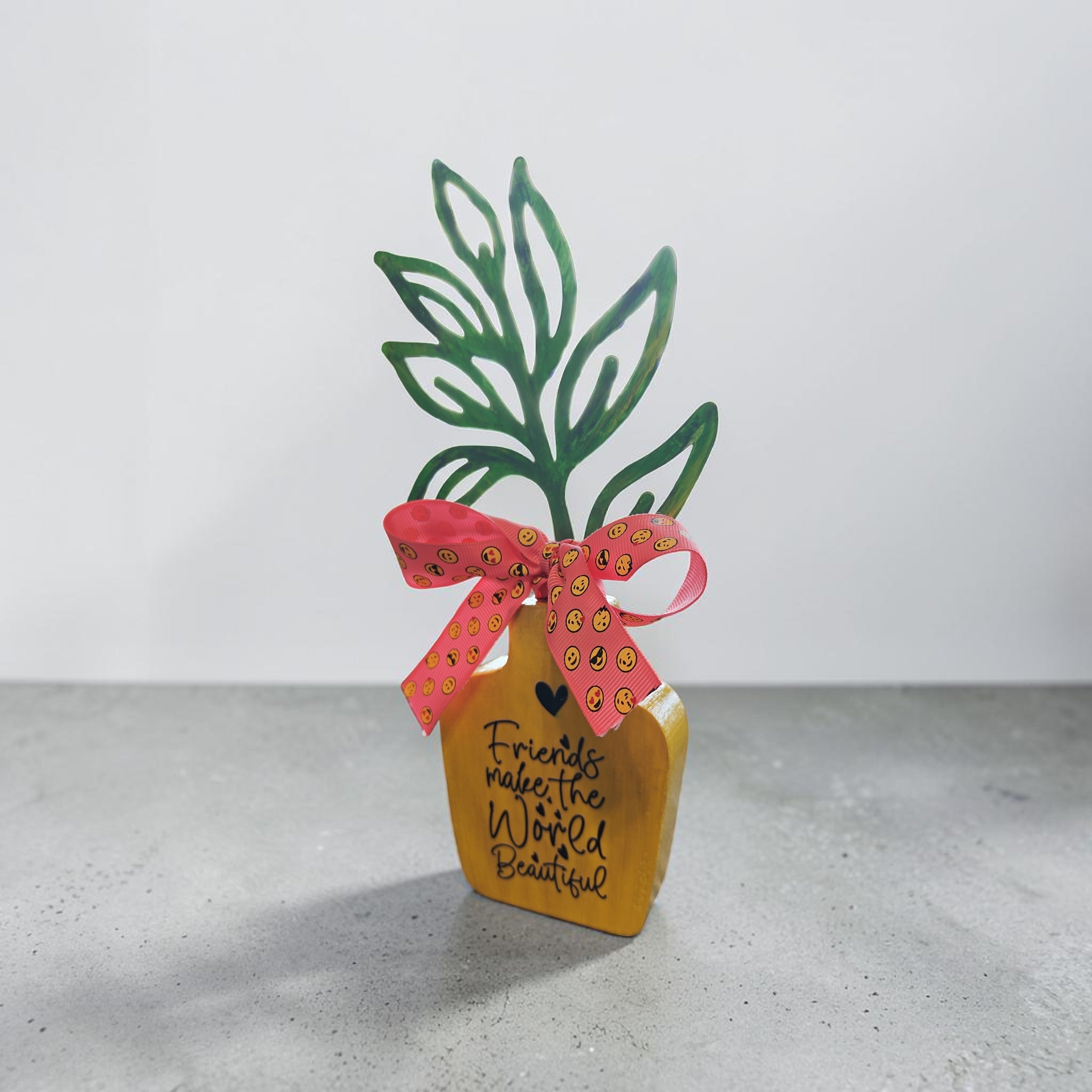 "Friends Make The World Beautiful" Faux Plant Decor – Yellow Wooden Pot with Yellow Smiley Faces Bow