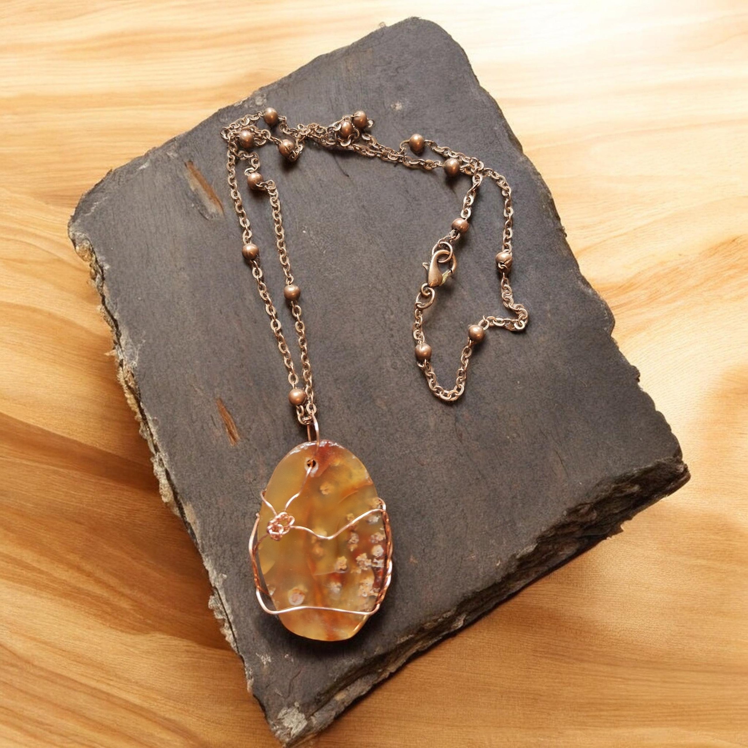 Warm Earth Natural Stone Necklace on 20" Copper Beaded Chain with "You Are Beautiful" Prayer Card
