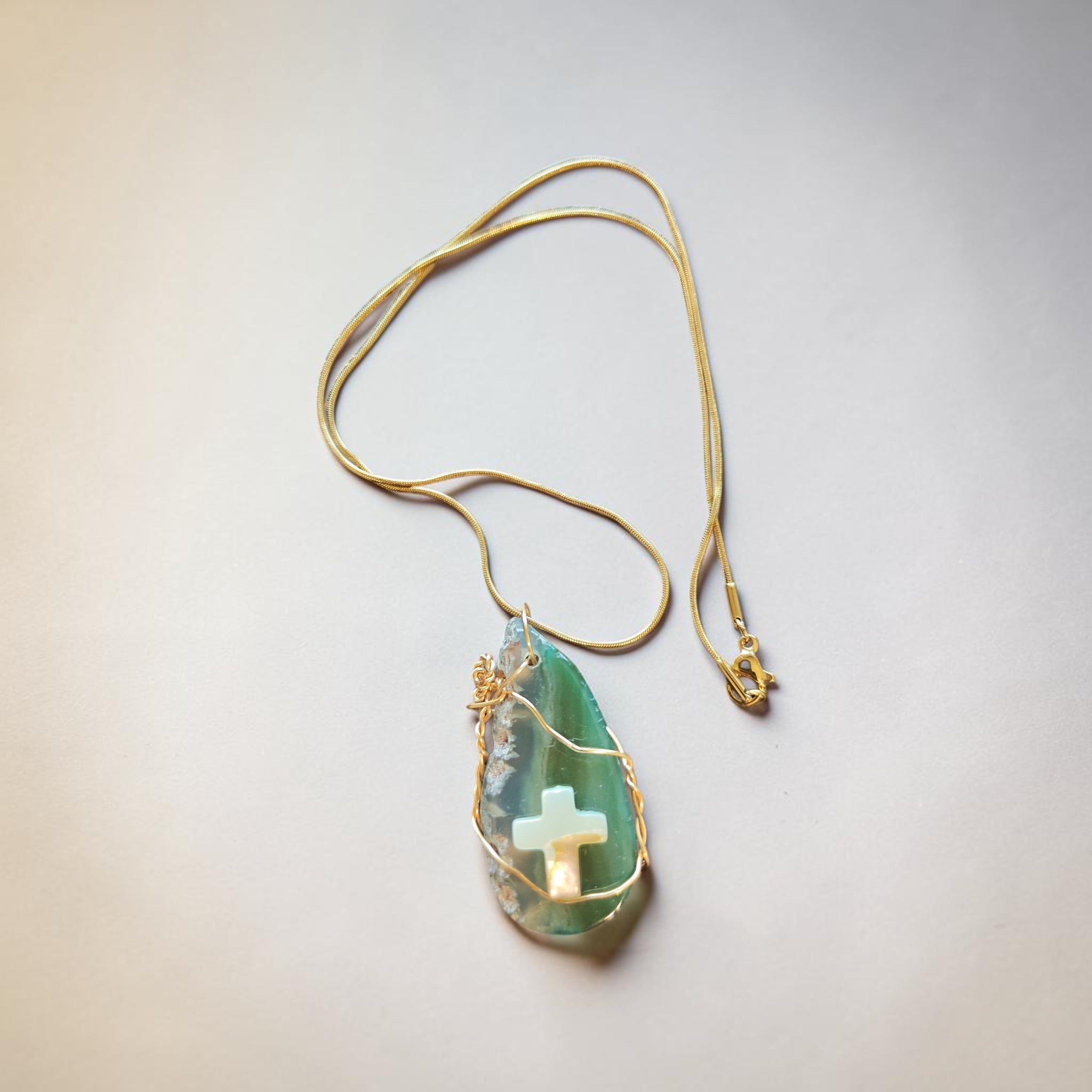 Handcrafted Gold Wire-Wrapped Cross Stone Necklace – Natural Green & Beige Jasper
