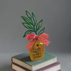 "Friends Make The World Beautiful" Faux Plant Decor – Yellow Wooden Pot with Yellow Smiley Faces Bow