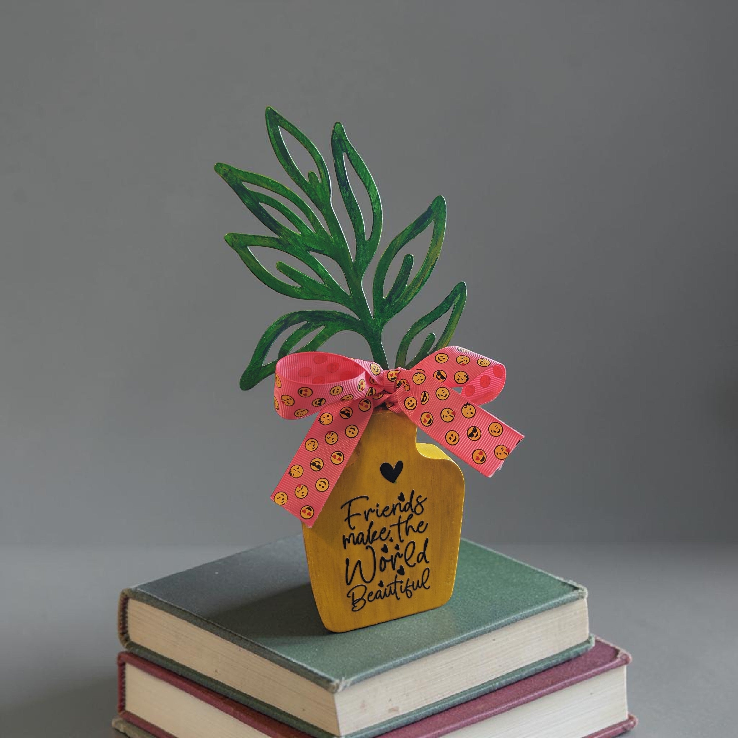 "Friends Make The World Beautiful" Faux Plant Decor – Yellow Wooden Pot with Yellow Smiley Faces Bow