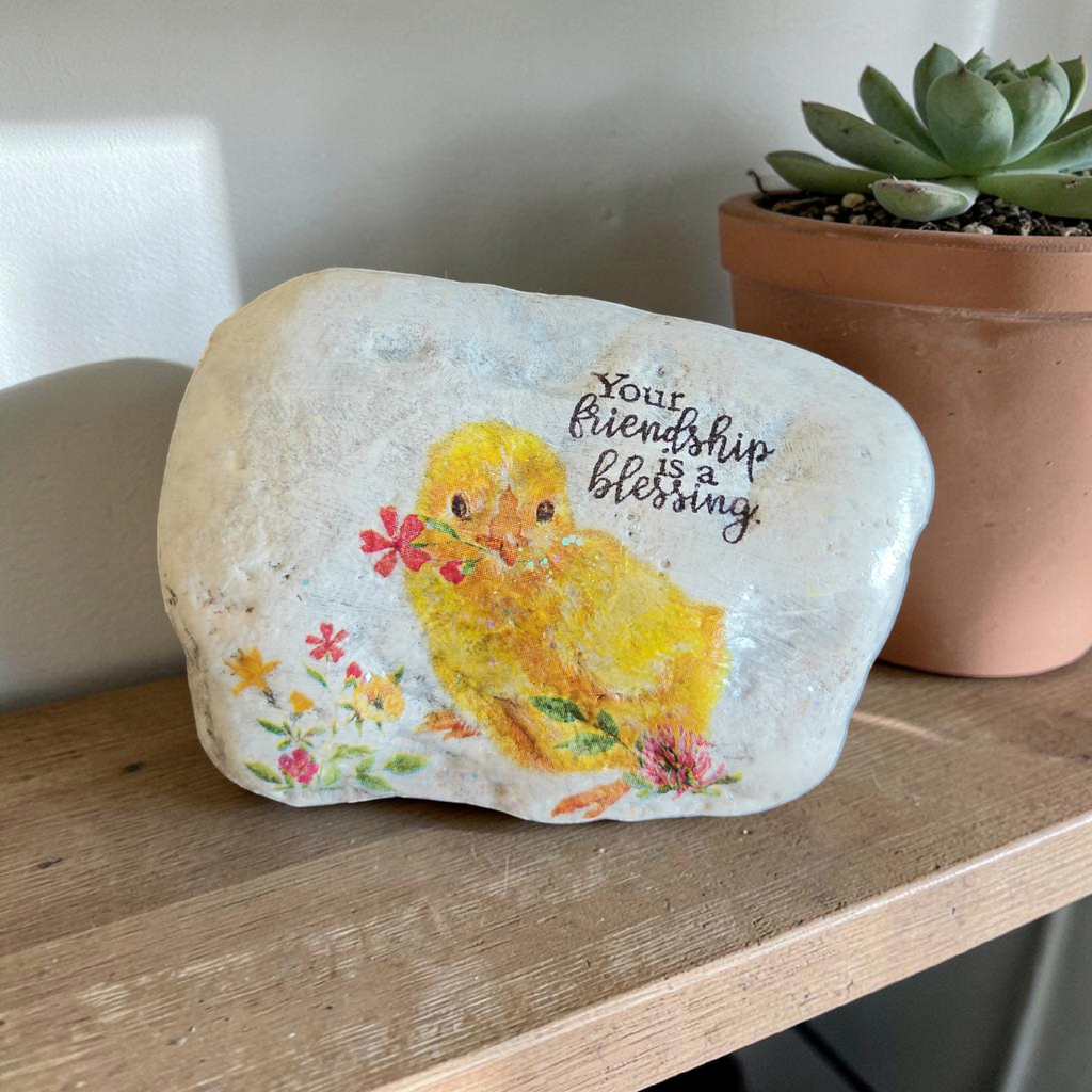 "Friendship is a Blessing" Yellow Chick & Floral Stone – Hand-Decorated Natural Keepsake