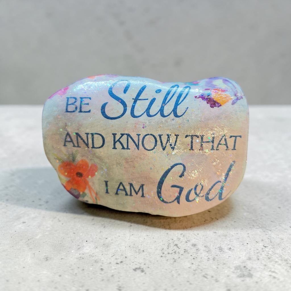 "Be Still & Know" Hand-Decoupaged Butterfly & Floral Stone