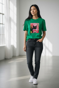 "Curious Cat & Fish Bowl" Women’s Bright Green Tee – 100% Cotton – Size Large