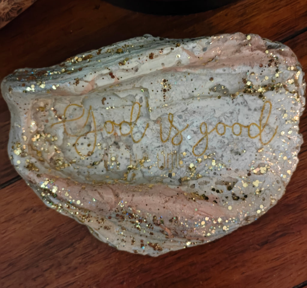 God is good pink and gold hand-decorated shell