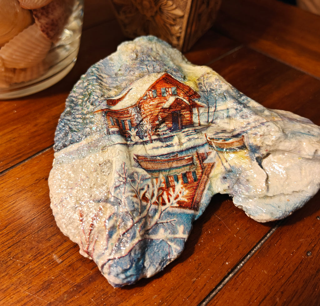 Cast Your Cares" Winter Cabin Shell – Psalm 55:22 Hand-Decorated Snow Scene