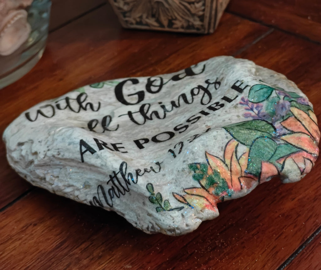 Hand-Decorated Floral Scripture Shell – "With God Nothing is Impossible"