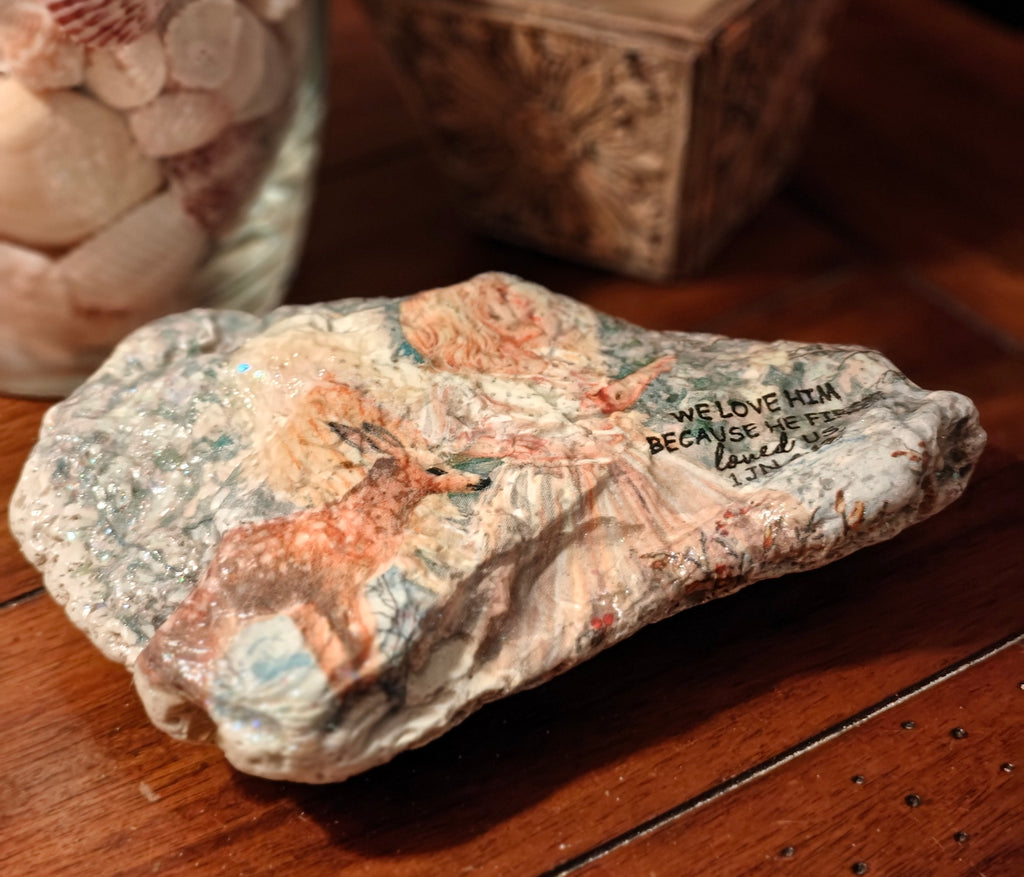 "We Love Because He Loved Us" Hand-Decorated Shell – Angel and Deer Motif – 1 John 4:19
