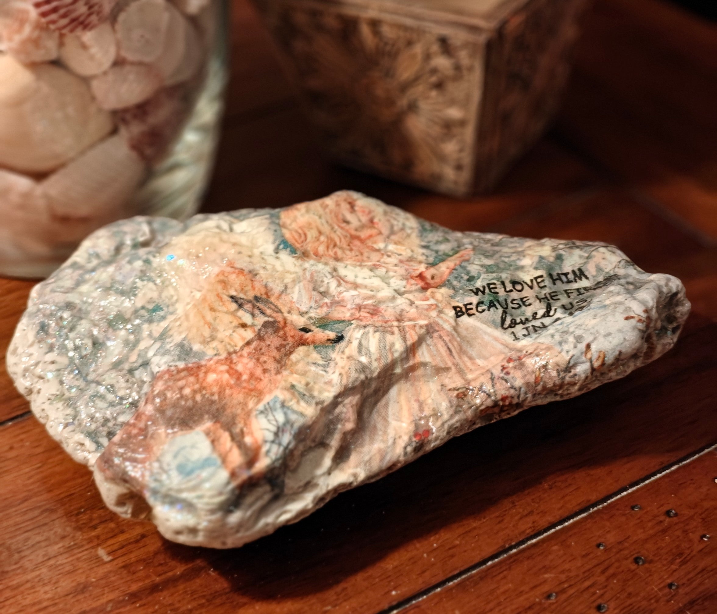 "We Love Because He Loved Us" Hand-Decorated Shell – Angel and Deer Motif – 1 John 4:19