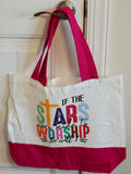 Christian Floral Tote Bag - "If the Stars Were Made to Worship So Will I" - Large Fabric Shoulder Bag with Hot Pink Trim