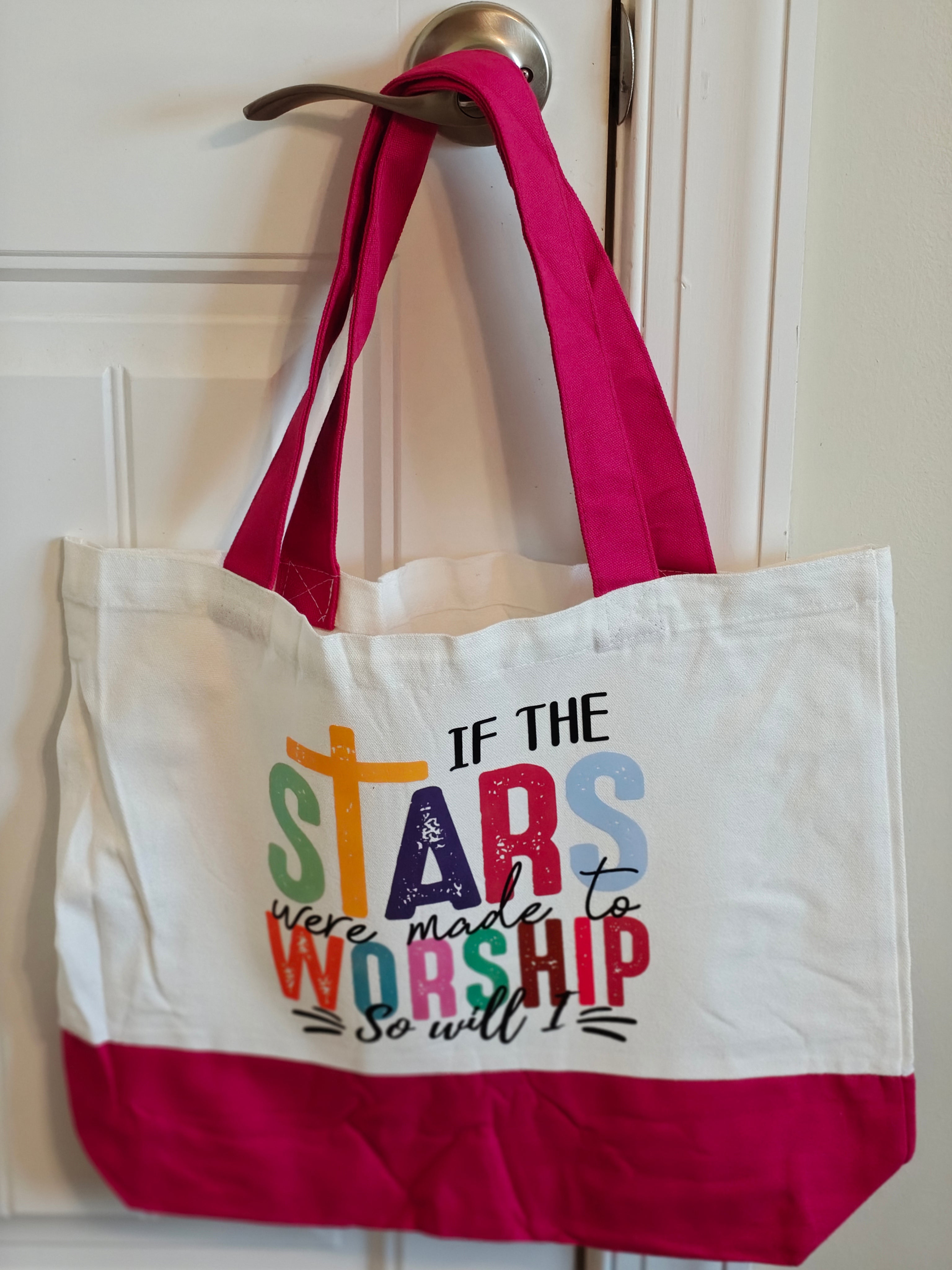 Christian Floral Tote Bag - "If the Stars Were Made to Worship So Will I" - Large Fabric Shoulder Bag with Hot Pink Trim